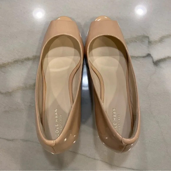 Cole Haan Wedge Heels Size 9.5 Nude Beige Peep Toe NWOB - Picture 6 of 16